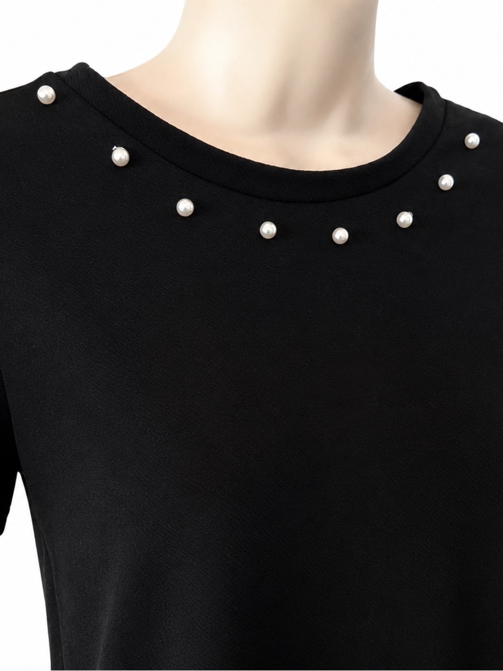 Black Dress Pearls Short Sleeve Mini Elegant for Work Office Casual M Size - Picture 3 of 3
